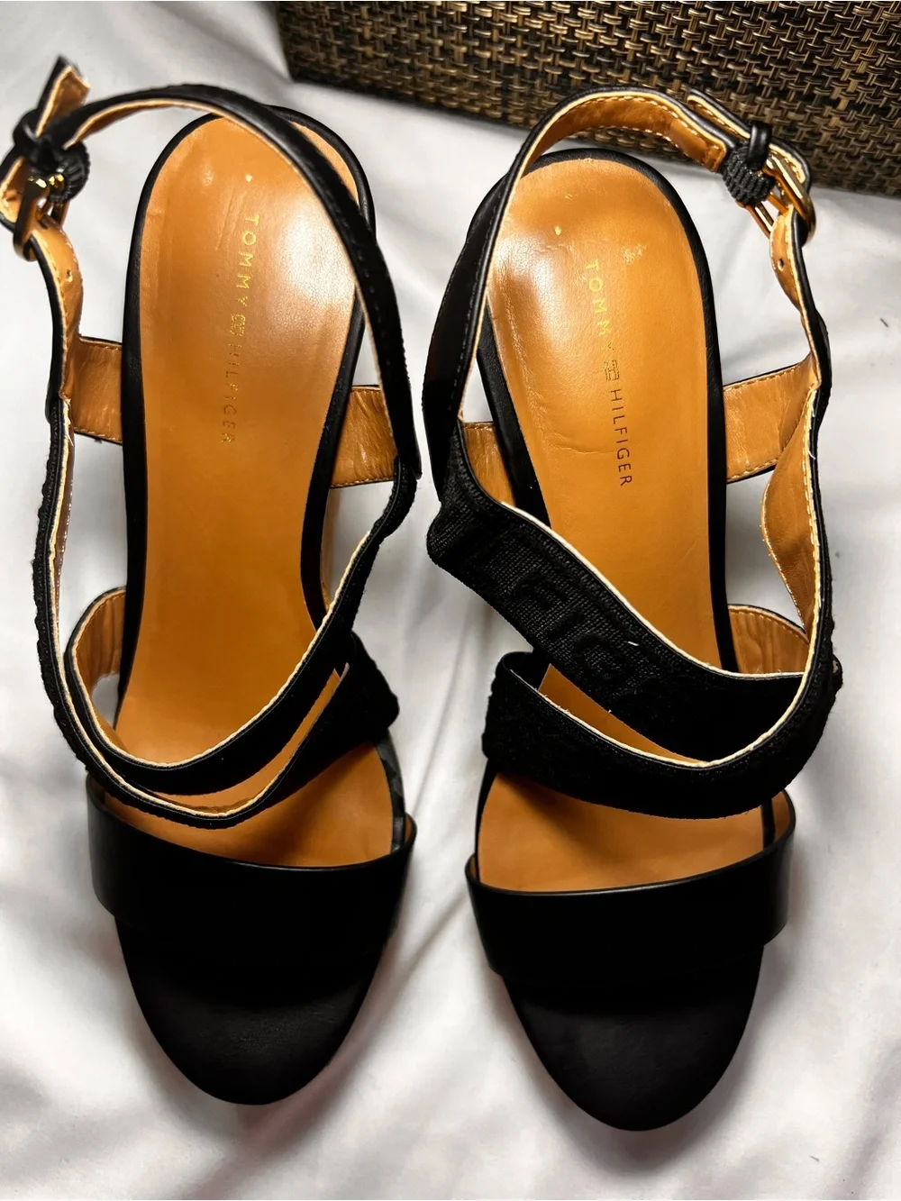 Tommy Hilfiger Black Leather Strappy Wedge Sandals